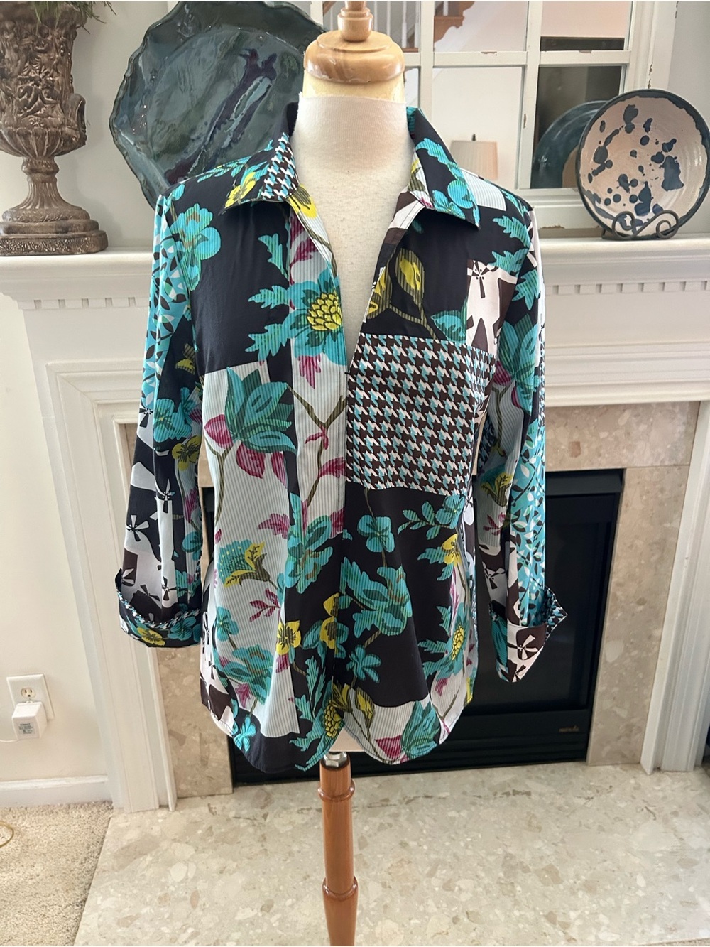 Foxcroft Multicolor Floral & Geometric Print Popover Top in Teal, Yellow & Black